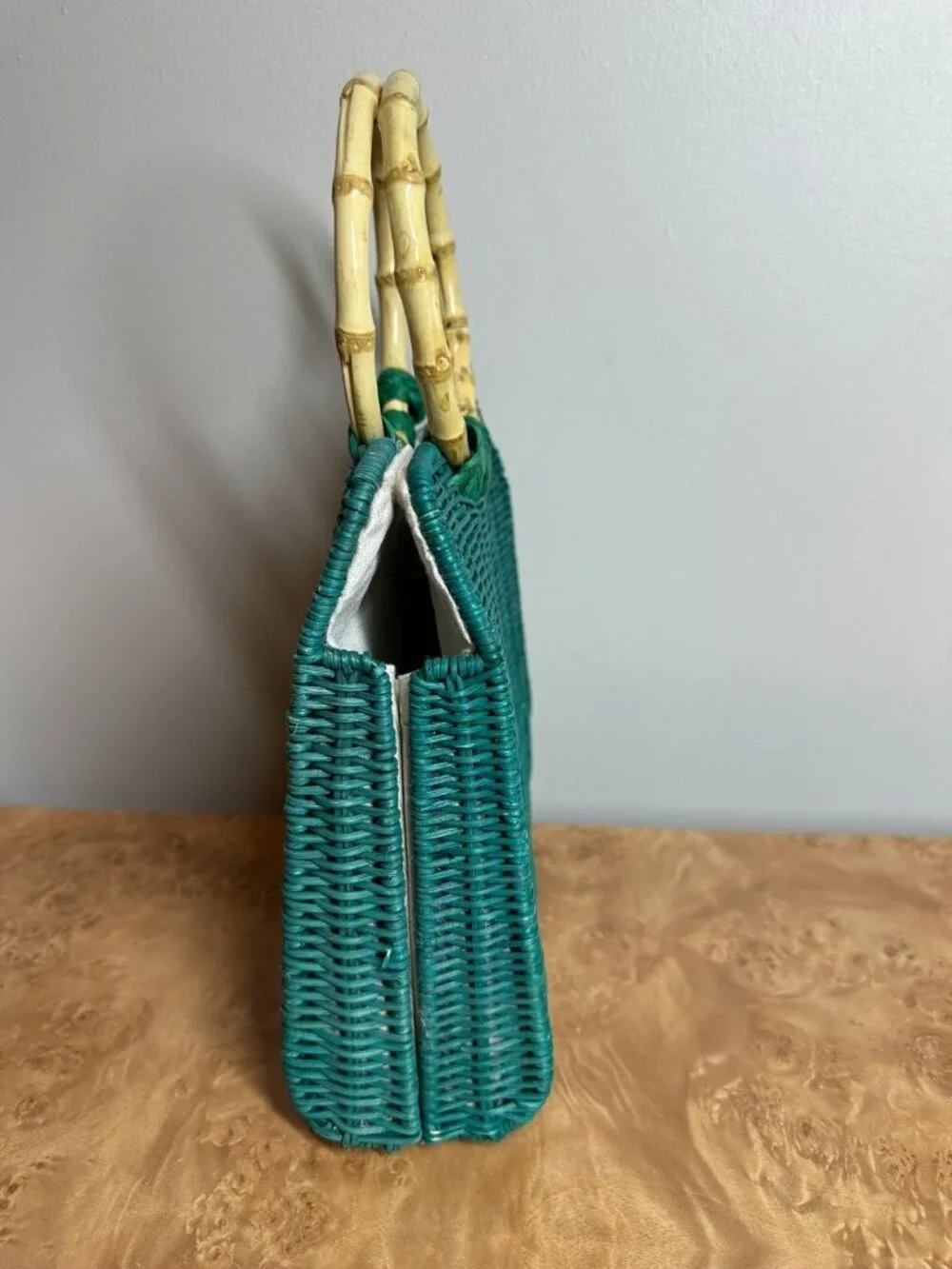 Zara Turquoise Woven Straw Tote Bamboo Ring Handles Beach Resort Handbag Boho